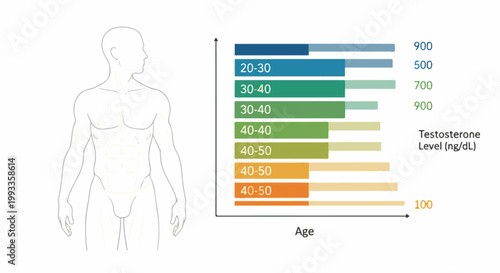 Male body silhouette with bar chart showing testosterone levels by age group