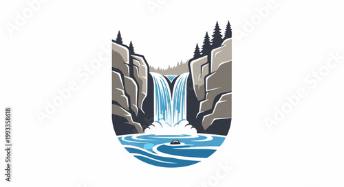 Majestic waterfall cascades down rocky cliffs into a serene blue pool below