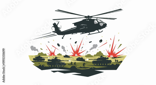 Military combat scene with helicopter and tanks in action, explosions