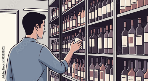 Man in a store choosing from shelves stocked with bottles of wine