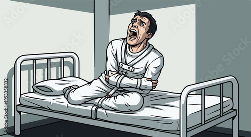 Man in a straitjacket screaming in agony while sitting on a bed in an empty room