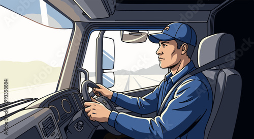 Man in blue shirt and cap drives a truck, looking ahead with focus