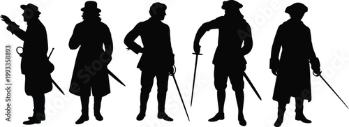 This image displays a group of five historical male silhouettes wearing period clothing and holding sharp swords