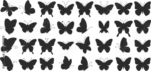 Thirty two elegant black butterfly outlines in various flight poses isolated against a clean white backdrop