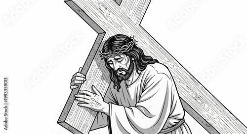 Man in robe with crown of thorns carries large wooden cross