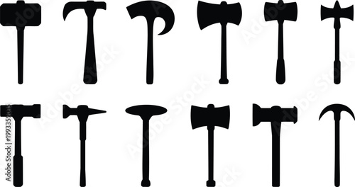 Twelve distinct black hammer and axe weapon tool silhouettes displayed neatly against a pure white background