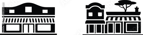 Two black silhouette icons depicting charming storefront buildings with unique architectural details and inviting awnings