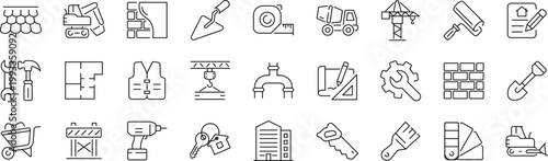 Construction set of web icons in line style. Editable Stroke. Building and construction icons for web and mobile app. Home repair, crane, building, tools, land, excavator, contractor, builders.