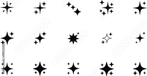 Varied collection of black glitter and shining star symbols presented on a white plane