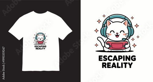 Cute white cat gaming wearing headphones with game controller and escaping reality quote vector illustration.