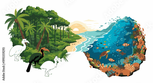 Lush jungle meets vibrant coral reef, with birds and sea life present