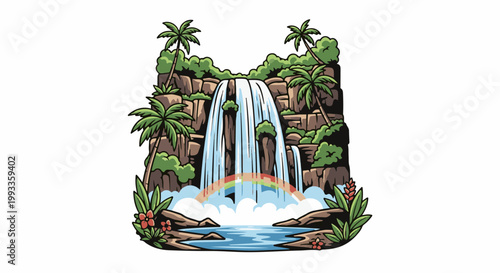 Lush jungle waterfall cascades over rocky cliffs with palm trees, mist, and a rainbow