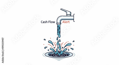Illustration of a faucet leaking cash into a drain, signaling a cash flow alert