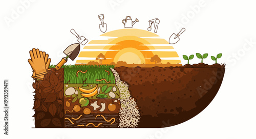 Illustration of a layered compost bin with gardening tools and a sunset