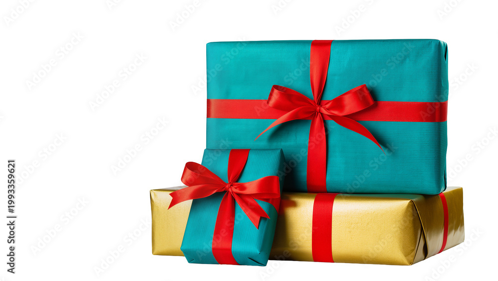 Fototapeta premium Stacked Teal and Gold Gift Boxes with Bright Red Ribbon Bows