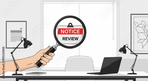 Hand holding magnifying glass over "NOTICE REVIEW" on a desk with laptop and lamps