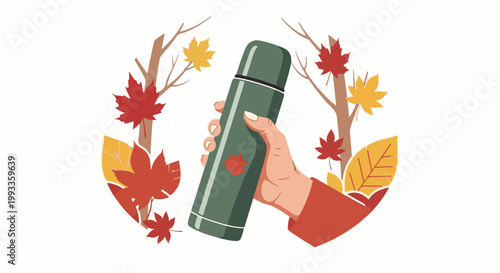 Hand holding green thermos amidst autumn leaves and bare branches