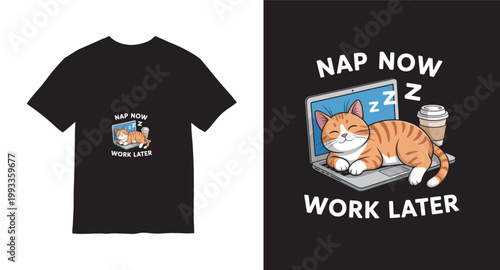 Nap now work later cute ginger cat sleeping on laptop with coffee cup and sleep bubbles.