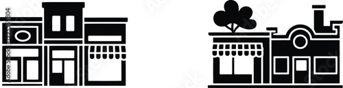 Various black silhouette illustrations of city buildings featuring storefronts, awnings, and distinct architectural elements