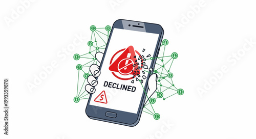Hand holding a broken phone screen displaying a declined transaction symbol and warning