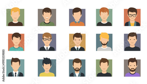 Set of 15 flat design male avatar icons featuring diverse hairstyles, glasses, and beards