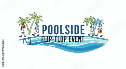 Illustration of people walking by a pool with palm trees and text