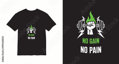Fist holding barbell with flame and lightning bolts saying no gain no pain gym motivation.