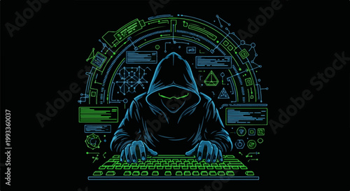 Hacker in a hooded sweatshirt typing on a glowing keyboard amidst digital schematics