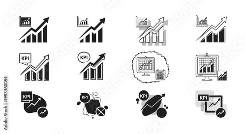 Key performance indicator and growth chart vector icons in black and white for business measurement.