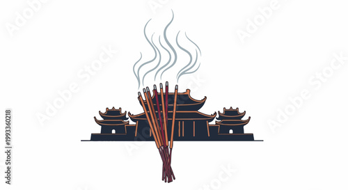Incense sticks burning in front of a dark pagoda with elaborate roofs and triple towers