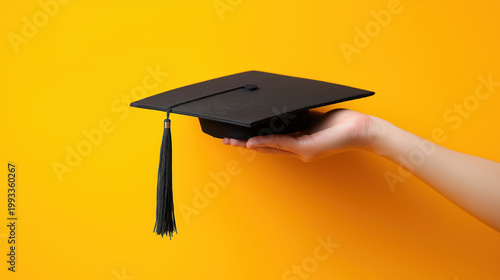 Graduation Cap in Hand with Copy Space on Yellow Background