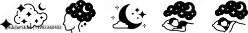 Sleep and Dream Set with Moon, Stars, and Sleeping Figures Vector Illustration 