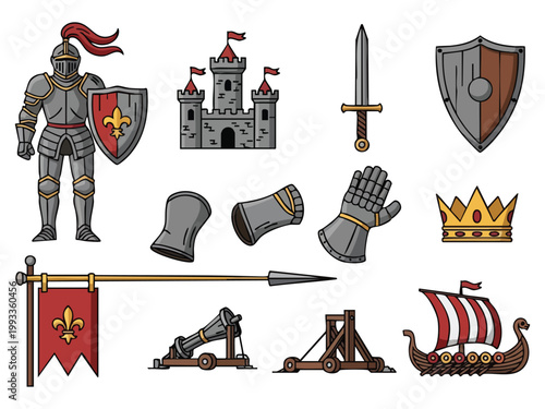 A comprehensive collection of medieval historical icons including a knight, castle, weapons, and ancient siege engines.