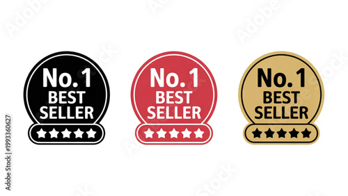 Three premium badges proudly displaying the top seller distinction with starburst designs and bold red and yellow accents. Vector
