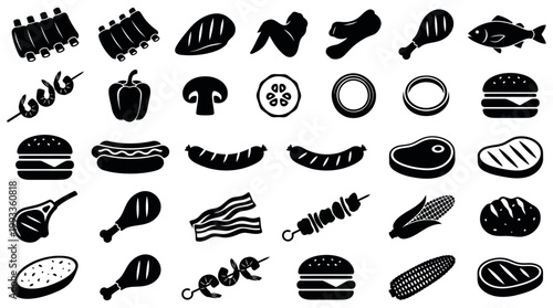 Detailed silhouette collection of various barbecue and grill food items for culinary and restaurant menus