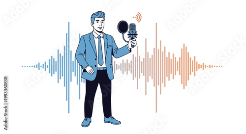 Man with Microphone and Sound Waves - Voice Recording, Podcasting, Broadcasting