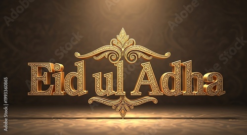 Golden Eid ul Adha text with ornate Islamic calligraphy and decorative Muslim holiday celebration