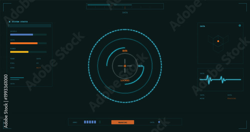 Dark blue dashboard with orange and teal infographic dark blue background, orange accents