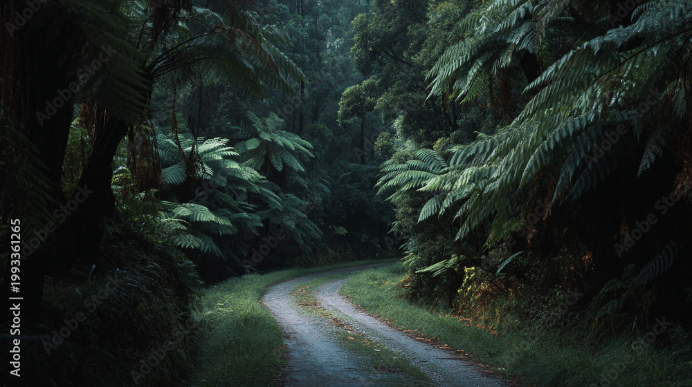 Fototapeta premium A curved gravel road winds through a dark, dense forest.