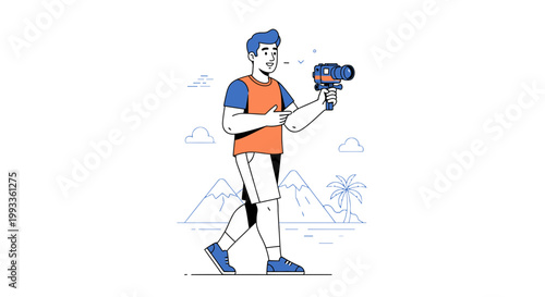 Man with Vintage Camera Filming Tropical Landscape
