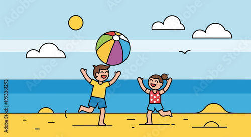 Two happy children playing with a colorful beach ball on the sand.