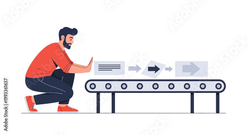 Man stopping conveyor belt with items, workflow process control, automation concept
