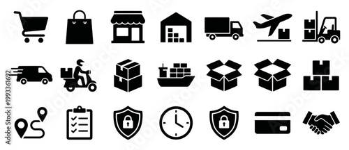 Diverse silhouette icons representing e-commerce, logistics, delivery, and supply chain operations for business