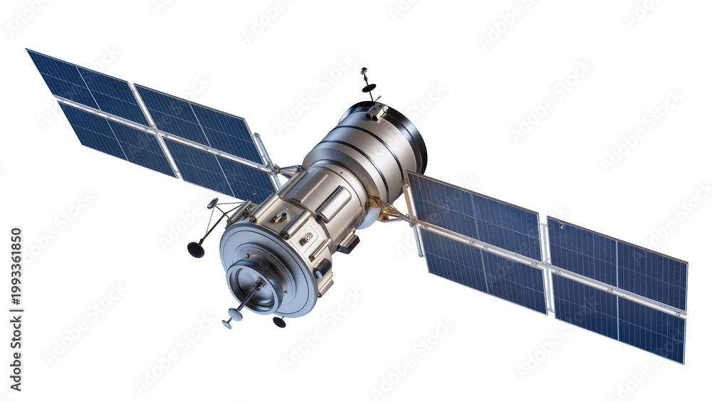 Fototapeta premium Silver Spacecraft with Blue Solar Panels and Gold Antennae