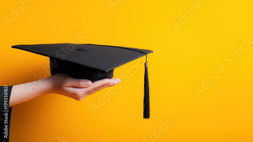 Graduation Cap in Hand with Copy Space on Yellow Background