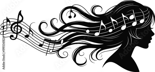 Beautiful woman silhouette with flowing long hair containing musical notes and staff lines for creative music festival branding and concert posters
