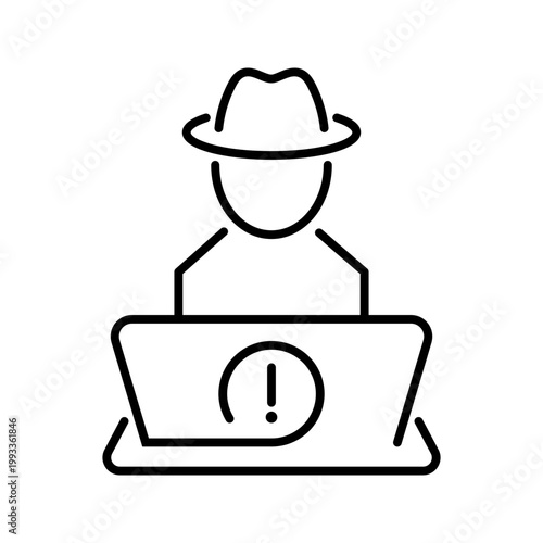 Computer hacker icon. Technology and cybersecurity line symbol. Black and white.