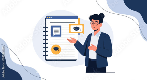 Online Education Concept: Teacher Explains Digital Learning Materials with Graduation Cap Icon