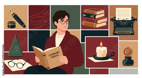 Young Student Reading Literary Essays. Academic Person Illustration. Dark Academia Style. Flat Vector