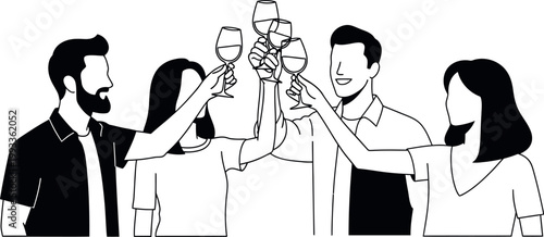 A black and white illustration depicts a group of five people raising their arms in a celebratory gesture appearing joyful